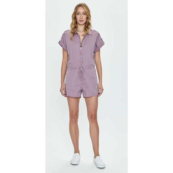Pistola Meg Lilac Dust Zip Front Short Sleeve Drawstring Waist Romper Medium - Picture 1 of 8
